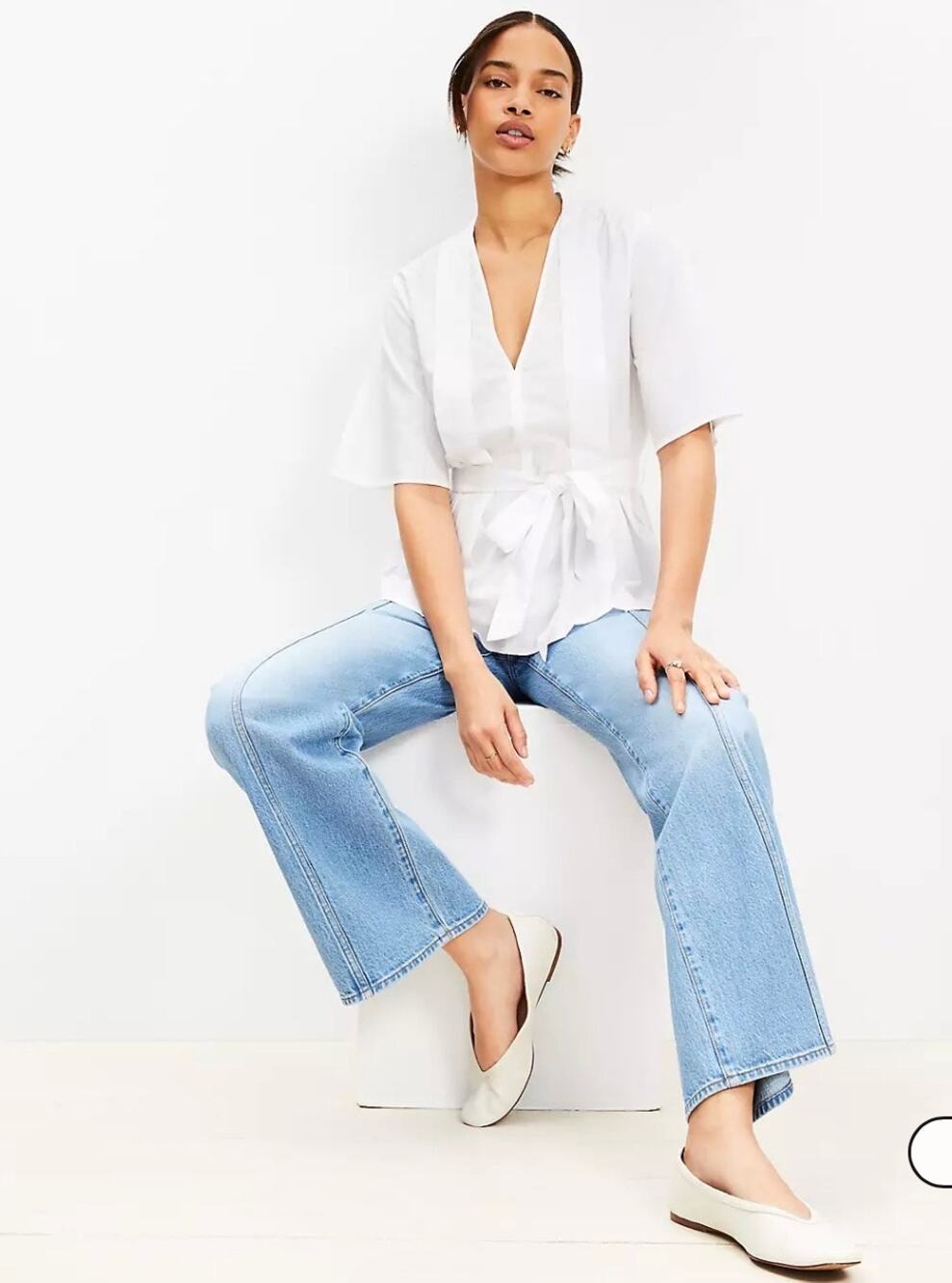 LOFT Women’s White Poplin Cotton Pleated Belted Top Size 8 NWT